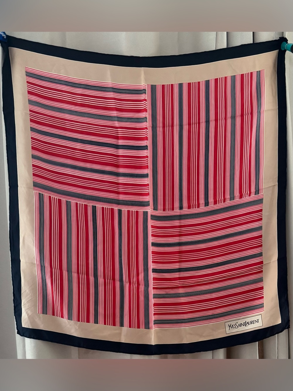 Yves Saint Laurent Vintage Striped Silk Scarf in White, Red, Pink, Navy & Cream